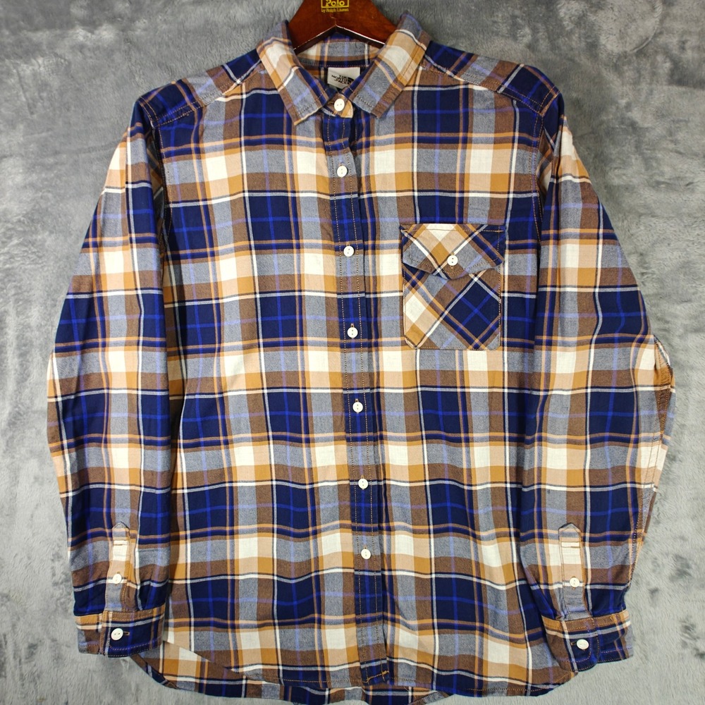 The North Face Plaid Button Down Womens Large Blue Tan Long Sleeve Flannel Shirt